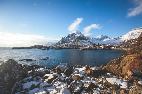 Супер Ширококутний Зими Сніжні Чаруючим Рибальські Села Норвегії Прибуття Островів — стокове фото