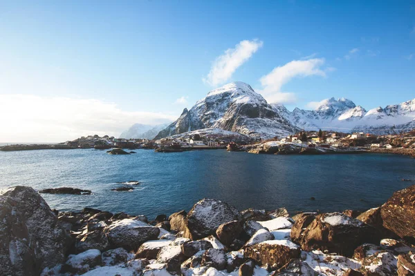 Όμορφη Θέα Υπερευρυγώνιο Χειμώνα Χιονισμένο Αλιεία Χωριό Νορβηγία Νησιά Lofoten — Φωτογραφία Αρχείου