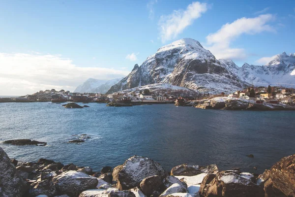 Vacker Supervidvinkel Vintern Snöiga Utsikt Över Fiske Norge Lofoten Öarna — Stockfoto