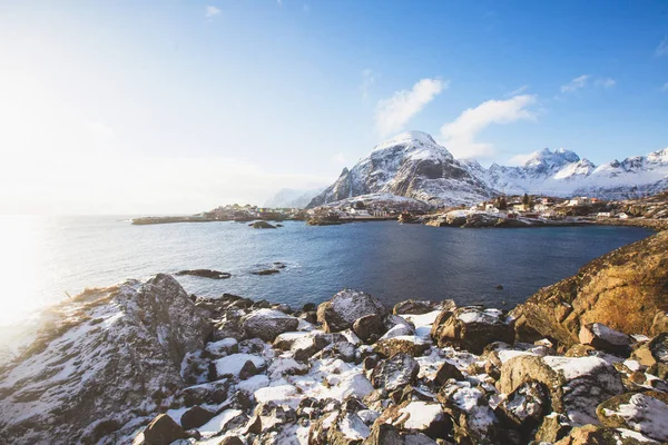 Vacker Supervidvinkel Vintern Snöiga Utsikt Över Fiske Norge Lofoten Öarna — Stockfoto
