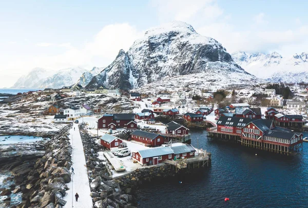 Szuper Nagy Látószögű Téli Havas Gyönyörű Kilátással Falu Norvégia Lofoten — Stock Fotó