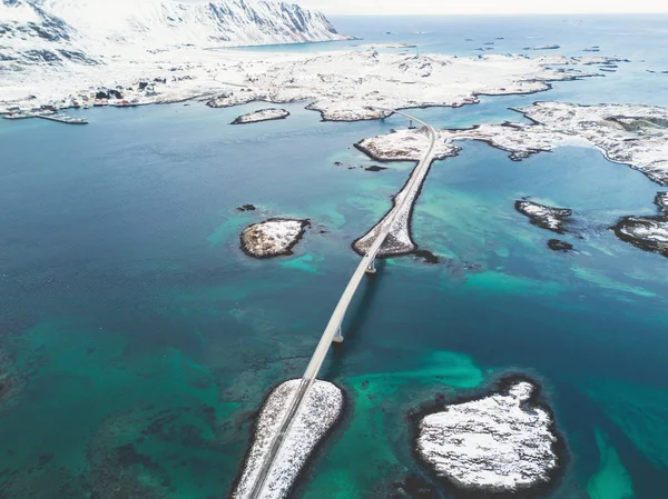 Aerial Winter View Lofoten Islands Nordland Norway Fjord Road Bridge — Stock Photo, Image