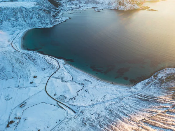 Antenowe Zimowy Widok Lofoty Plaża Norwegia Strzał Dronów — Zdjęcie stockowe