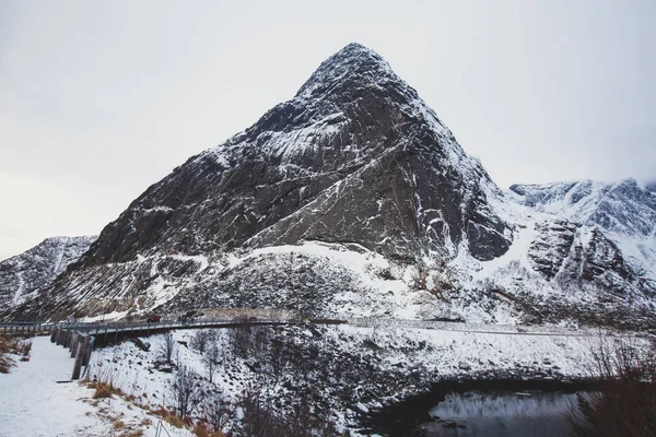 Super Groothoek Winter Besneeuwde Uitzicht Van Reine Noorwegen Lofoten Eilanden — Stockfoto