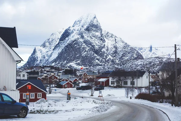 Gyönyörű Kilátás Szuper Nagy Látószögű Téli Havas Reine Norvégia Lofoten — Stock Fotó