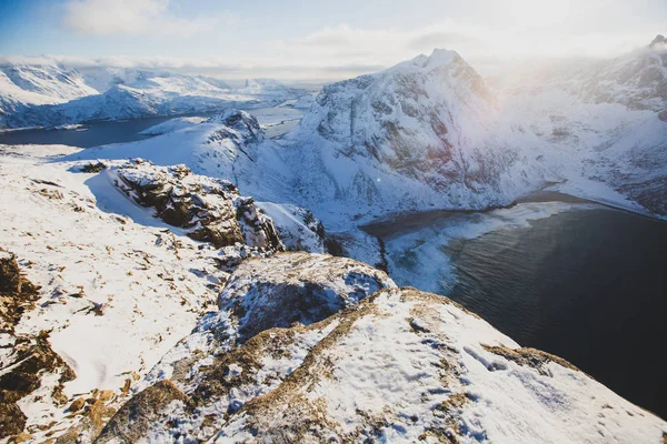 Vista Paisagem Montanhosa Norte Noruega Ilhas Lofoten Nordland Caminho Montanha — Fotografia de Stock
