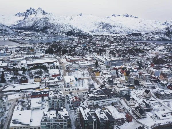 Bonita Vista Nevada Super Grande Angular Inverno Svolvaer Noruega Ilhas — Fotografia de Stock