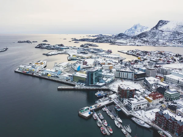 Bonita Vista Nevada Super Grande Angular Inverno Svolvaer Noruega Ilhas — Fotografia de Stock