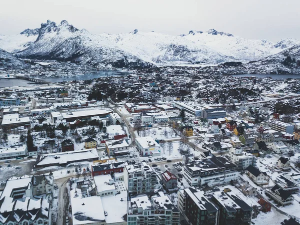 Bonita Vista Nevada Super Grande Angular Inverno Svolvaer Noruega Ilhas — Fotografia de Stock