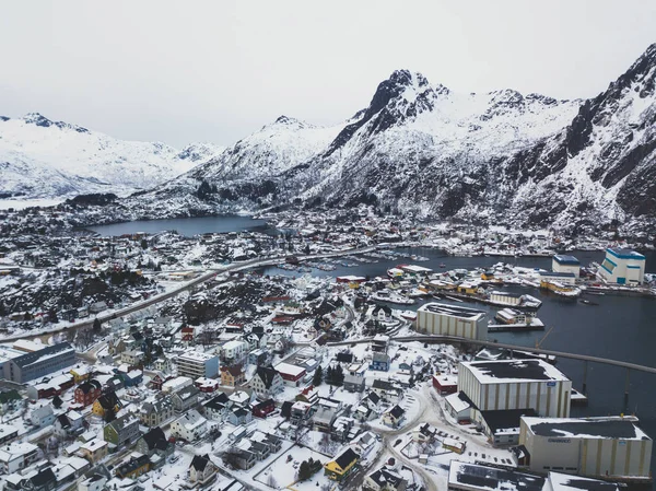 Bonita Vista Nevada Super Grande Angular Inverno Svolvaer Noruega Ilhas — Fotografia de Stock