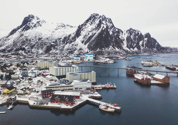 Bonita Vista Nevada Super Grande Angular Inverno Svolvaer Noruega Ilhas — Fotografia de Stock