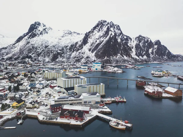 Gyönyörű Kilátás Szuper Nagy Látószögű Téli Havas Svolvaer Norvégia Lofoten — Stock Fotó