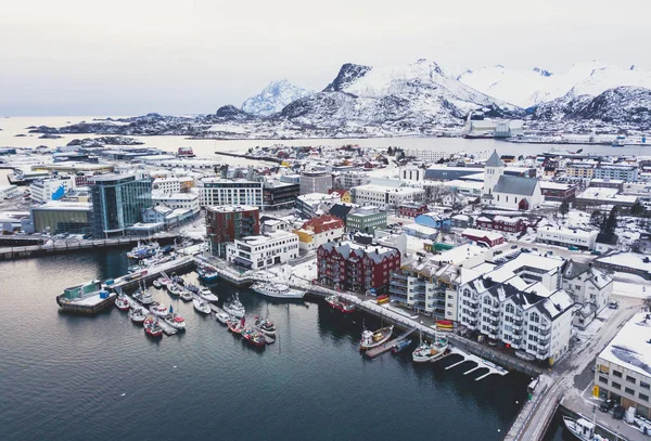 Όμορφη Θέα Υπερευρυγώνιο Χειμώνα Χιονισμένο Νησιά Lofoten Svolvaer Της Νορβηγίας — Φωτογραφία Αρχείου