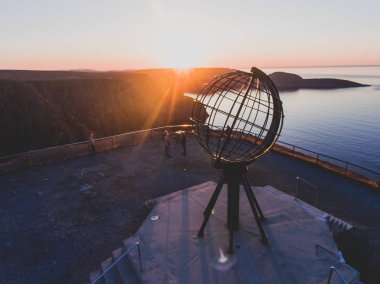 View of Nordkapp, the North Cape, Norway, the northernmost point of mainland Norway and Europe, Finnmark County, aerial picture shot from drone clipart