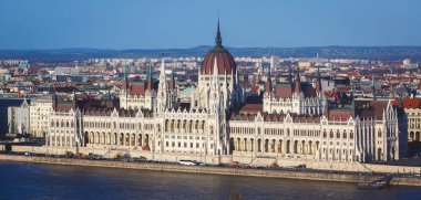 View of Hungarian Parliament Building, Budapest Parliament exterior, also called Orszaghaz, with Donau river and city panoram clipart