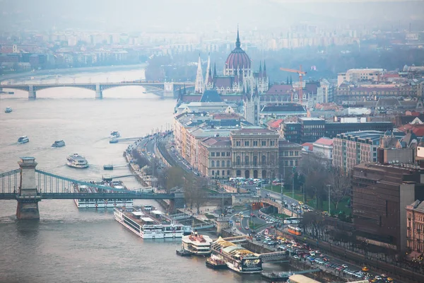 Великолепный Супер Широкоугольный Воздушный Вид Будапешта Венгрия Рекой Дунай Живописными — стоковое фото