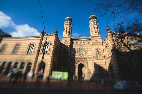 Zewnętrzna Fasada Wielka Synagoga Budapeszcie Błękitnego Nieba Największa Synagoga Europie — Zdjęcie stockowe