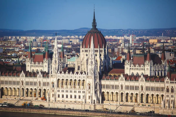 View of Hungarian Parliament Building, Budapest Parliament exterior, also called Orszaghaz, with Donau river and city panoram