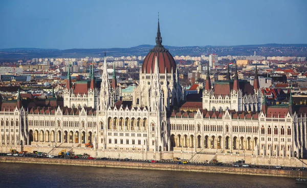 View of Hungarian Parliament Building, Budapest Parliament exterior, also called Orszaghaz, with Donau river and city panoram