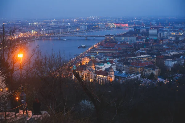 Splendida Vista Notturna Aerea Super Grandangolare Budapest Ungheria Con Fiume — Foto Stock