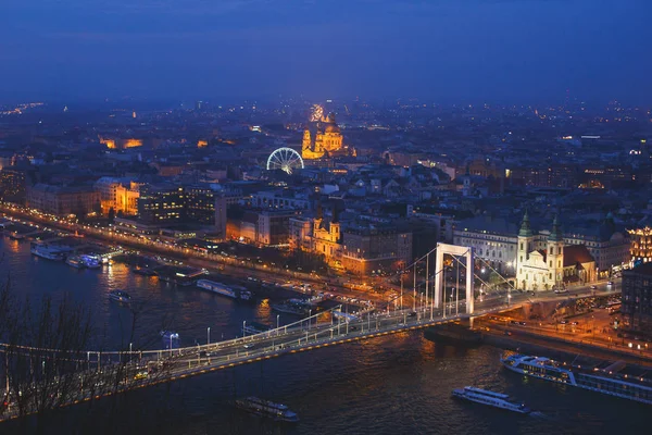 Beautuful Super Vidvinkel Antenn Natt Syn Budapest Ungern Med Floden — Stockfoto