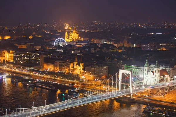 Vista Noturna Aérea Ângulo Super Amplo Budapeste Hungria Com Rio — Fotografia de Stock