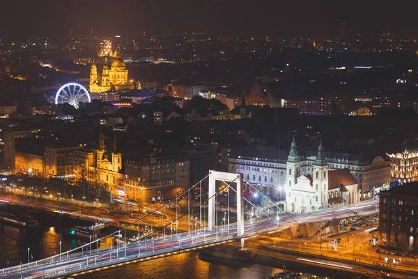 Beautuful Super Vidvinkel Antenn Natt Syn Budapest Ungern Med Floden — Stockfoto