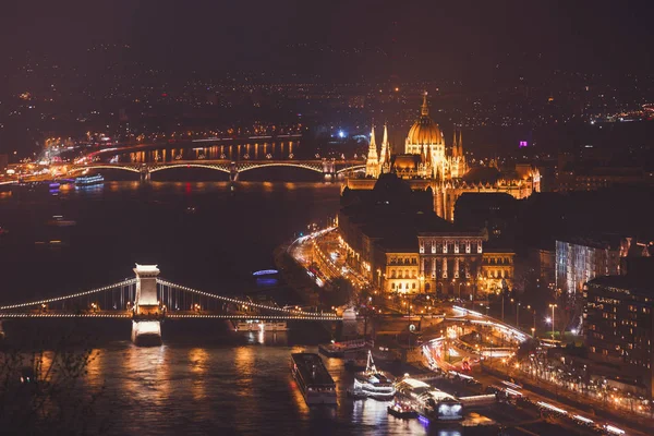 Beautuful Super Vidvinkel Antenn Natt Syn Budapest Ungern Med Floden — Stockfoto