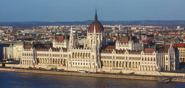 View of Hungarian Parliament Building, Budapest Parliament exterior, also called Orszaghaz, with Donau river and city panoram