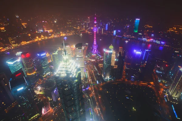 Pięknej Nocy Superszerokokątny Ptaka Szanghaju Dzielnicy Pudong Wieża Telewizyjna Bund — Zdjęcie stockowe