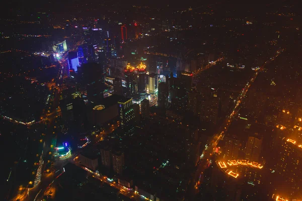 Beautiful Super Wide Angle Night Aerial View Shanghai China Pudong — Stock Photo, Image