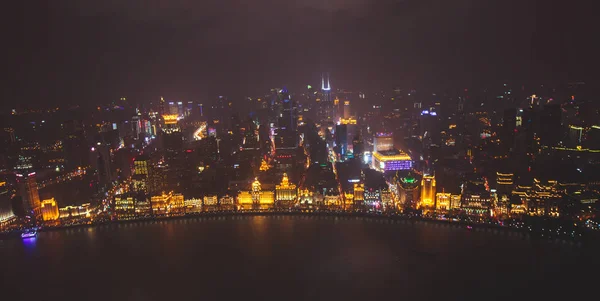 Beautiful Super Wide Angle Night Aerial View Shanghai China Waitan — Stock Photo, Image