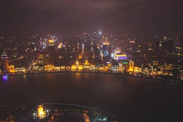 Beautiful Super Wide Angle Night Aerial View Shanghai China Waitan — Stock Photo, Image