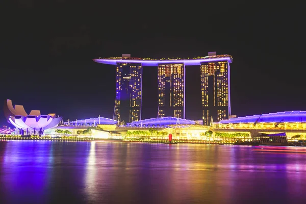 Bela Vista Aérea Noturna Super Grande Angular Singapura Com Horizonte — Fotografia de Stock