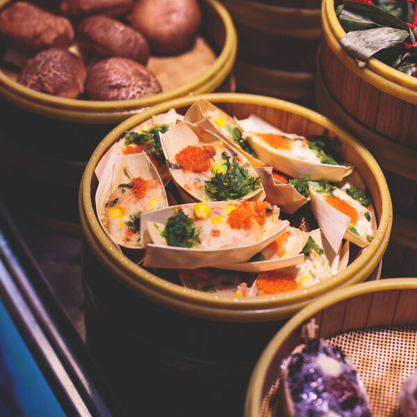Assortment of different types of asian traditional street food in Shanghai, Chin
