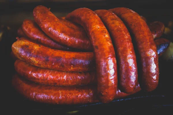 Saucisses Frites Four Hot Dog Sur Stand Marché Extérieur Nourriture — Photo