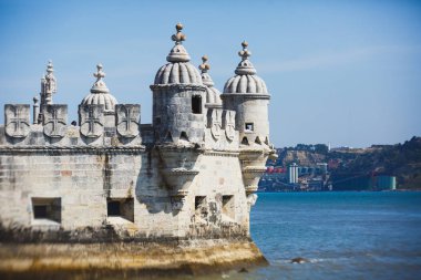 Belem bölgesi, Lizbon, Portekiz, Belem Kulesi, Torre de Belem Portekizce, Portekizce Manuelin tarzının önemli bir örnek ile Belediyesi sivil bucak görünümünü