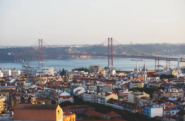 Beautiful Super Wide Angle Aerial View Lisbon Portugal Harbor Skyline — Stock Photo, Image