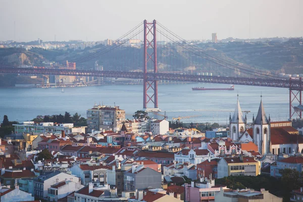 Beautiful Super Wide Angle Aerial View Lisbon Portugal Harbor Skyline — Stock Photo, Image