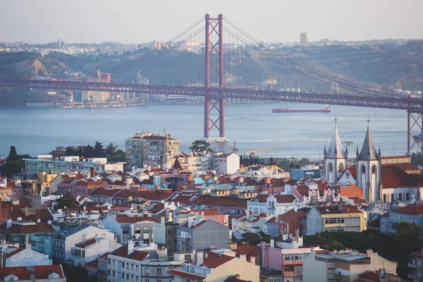 Beautiful Super Wide Angle Aerial View Lisbon Portugal Harbor Skyline — Stock Photo, Image