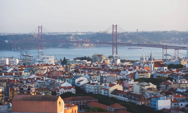 Beautiful Super Wide Angle Aerial View Lisbon Portugal Harbor Skyline — Stock Photo, Image