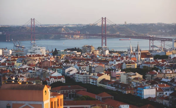 Frumoasa Vedere Aeriană Superunghiulară Lisabonei Portugaliei Port Orizont Peisaj Dincolo — Fotografie, imagine de stoc