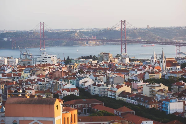 Beautiful Super Wide Angle Aerial View Lisbon Portugal Harbor Skyline — Stock Photo, Image