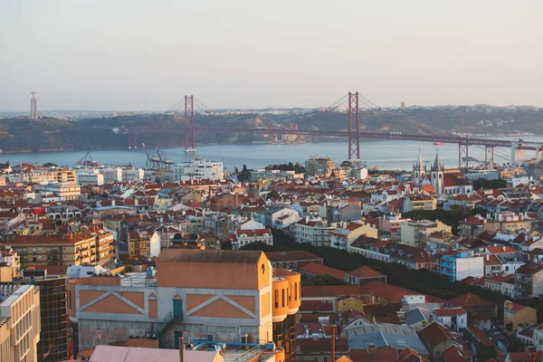 Beautiful Super Wide Angle Aerial View Lisbon Portugal Harbor Skyline — Stock Photo, Image