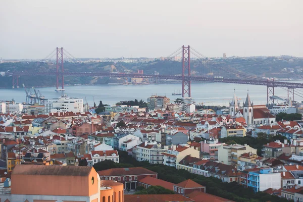 Beautiful Super Wide Angle Aerial View Lisbon Portugal Harbor Skyline — Stock Photo, Image