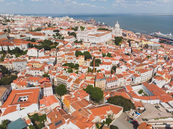 Vackra Supervidvinkel Flygfoto Över Lissabon Portugal Med Hamnen Och Skyline — Stockfoto