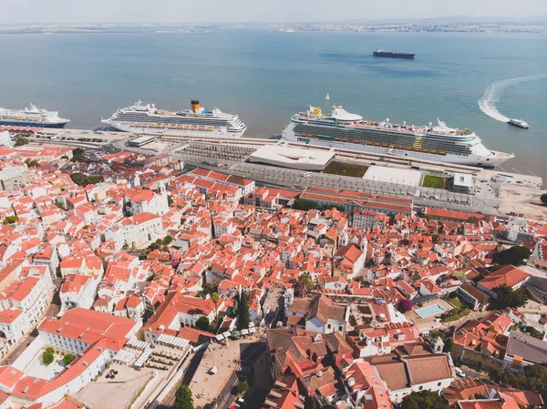 Beautiful Super Wide Angle Aerial View Lisbon Portugal Harbor Skyline — Stock Photo, Image