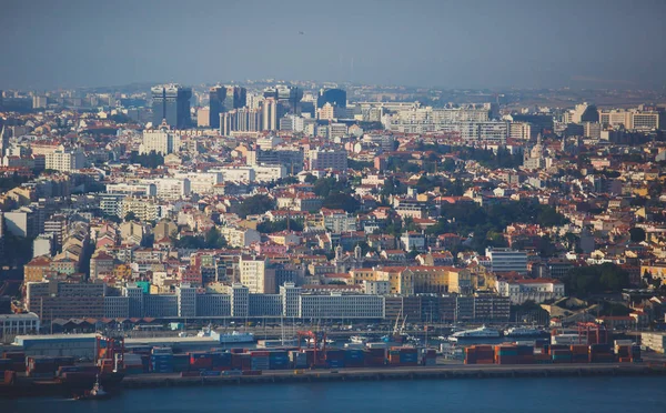 Krásné Super Širokoúhlé Panoramatické Letecký Pohled Lisabon Portugalsko Mrakodrapy Přístav — Stock fotografie