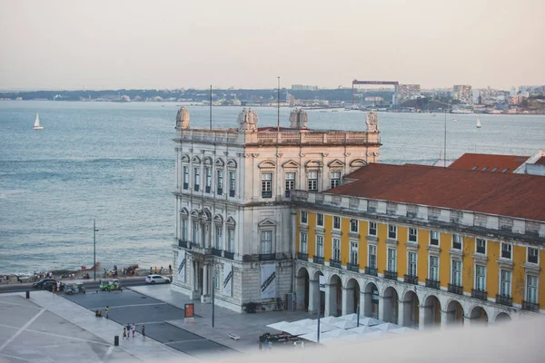 Mooie Super Groothoek Luchtfoto Van Lissabon Portugal Met Haven Skyline — Stockfoto