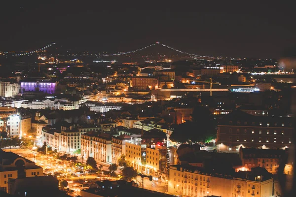 Vacker Natt Supervidvinkel Flygfoto Över Lissabon Portugal Med Hamnen Och — Stockfoto